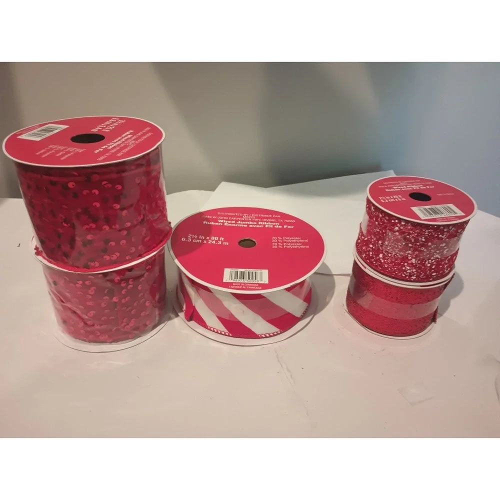 Christmas Wired Ribbon Lot 5 Spools Red Sequin Candy Cane Stripe Glitter Craft
